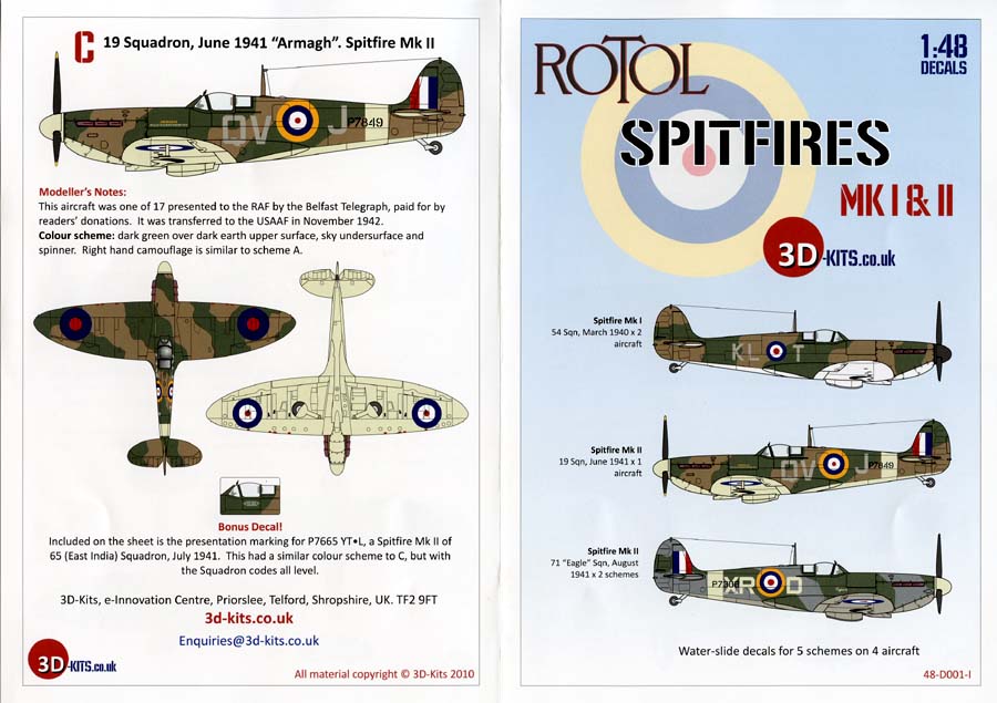 3DK048-D001 ROTOL PROPELLER SPITFIRES MK I & II DECAL SHEET