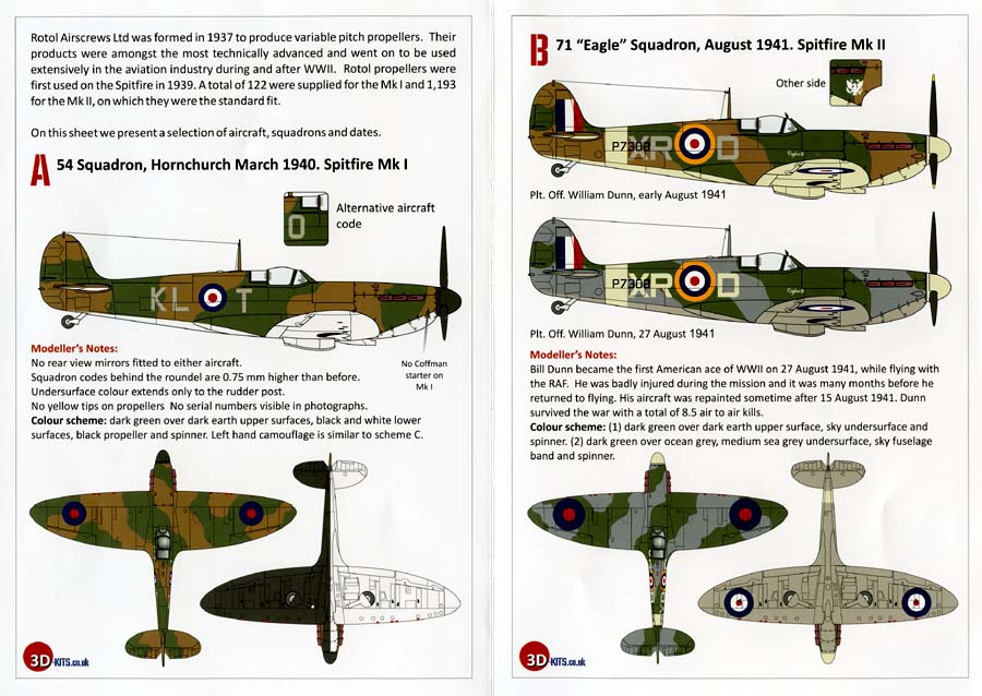 3DK048-D001 ROTOL PROPELLER SPITFIRES MK I & II DECAL SHEET