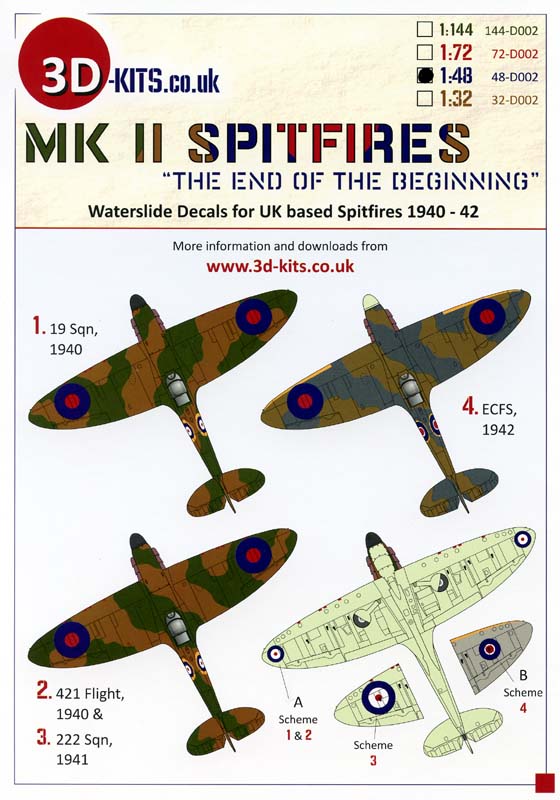 3DK048-D002 SPITFIRE MK II DECALS; 1940 - 42 "THE END OF THE BEGINNING"